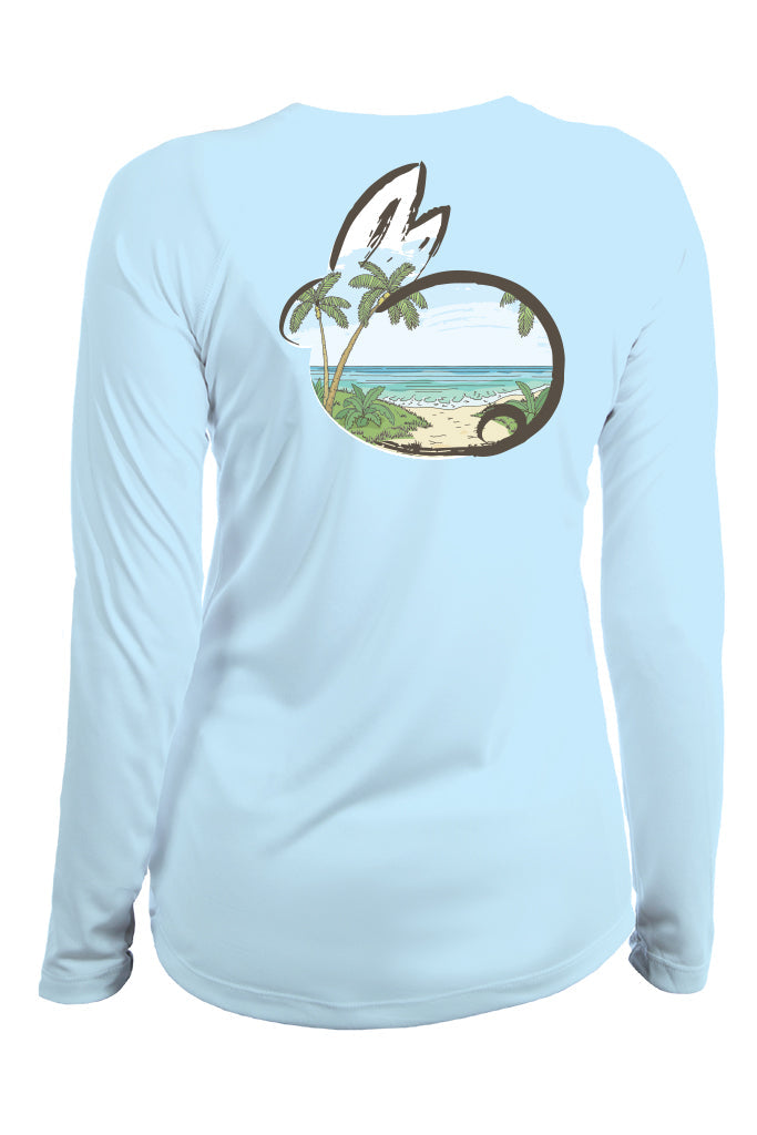Light blue long-sleeve shirt with a tropical graphic on a white background
