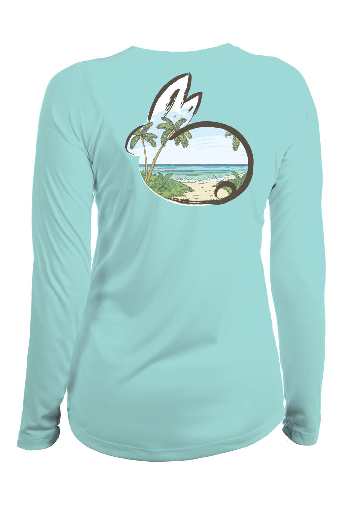 Light blue long-sleeve shirt with a beach graphic on the back against a white background