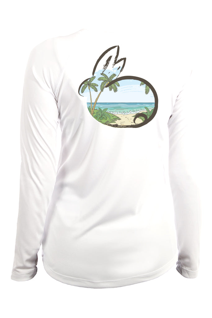 White long-sleeve shirt with a beach graphic on a white background