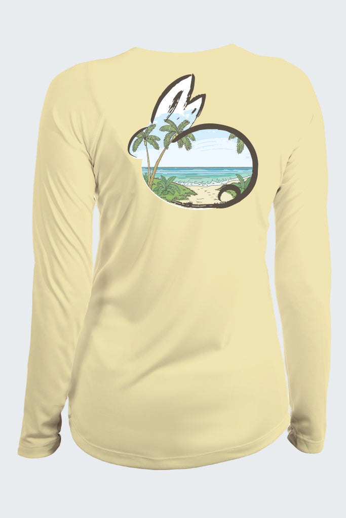 Beige long-sleeve shirt with a tropical beach graphic on a white background
