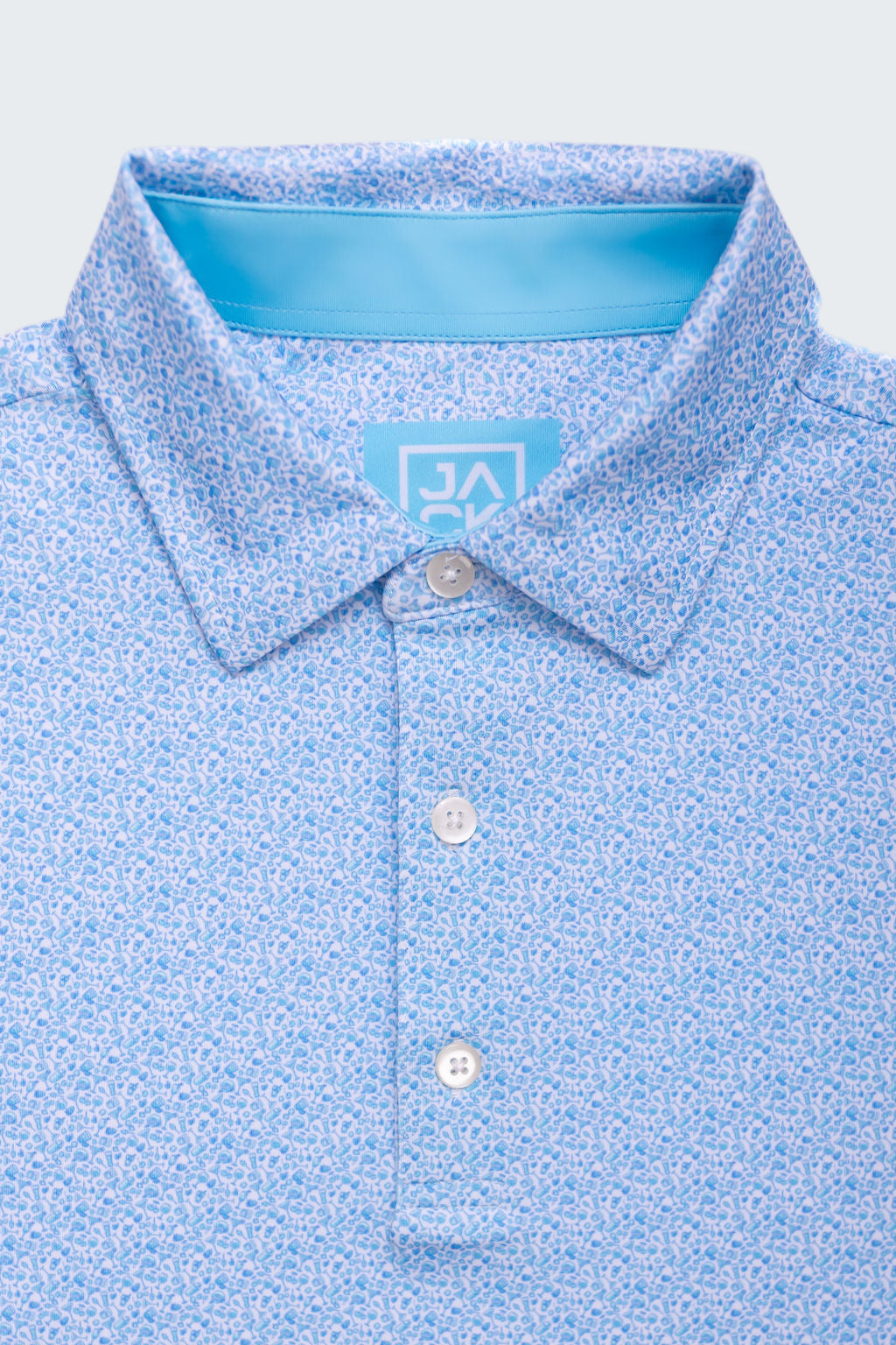 Blue patterned polo shirt with a brand logo on a white background