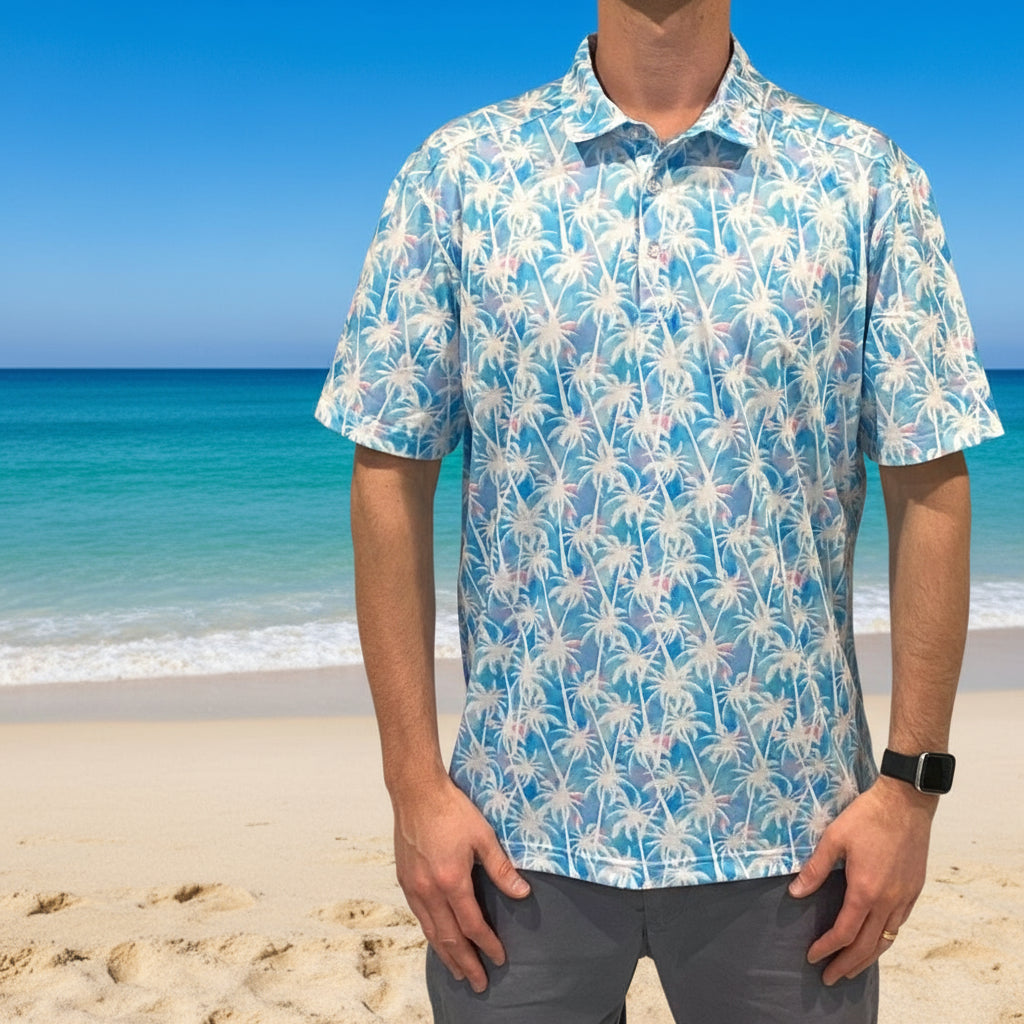 Man wearing a blue and white palm tree patterned shirt with a close-up inset.