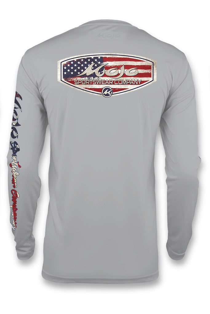 Gray long-sleeve shirt with American flag and logo on the back, on a white background