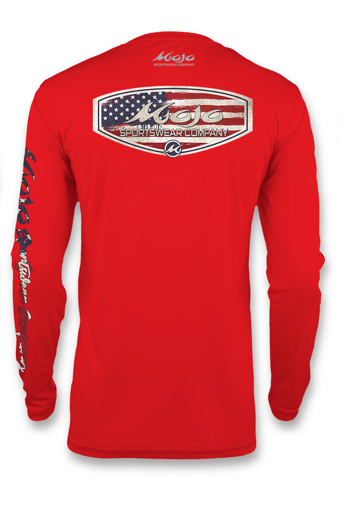Red long-sleeve shirt with American flag and logo on a white background