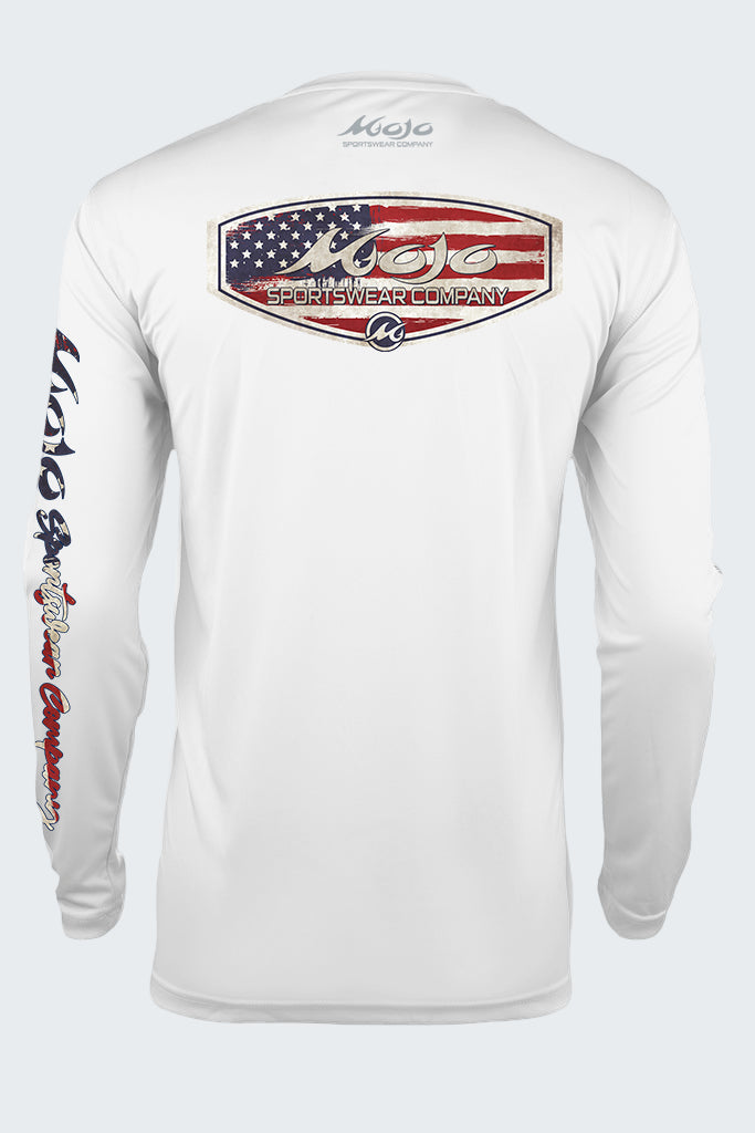 White long-sleeve shirt with American flag design and branding on a white background