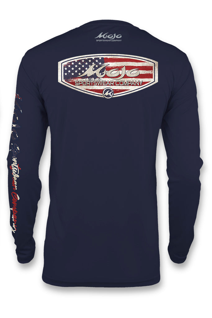 Navy long-sleeve shirt with American flag design and logo on a white background