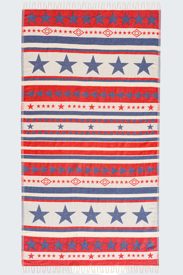 Towel with red, white, and blue pattern featuring stars and stripes on a white background