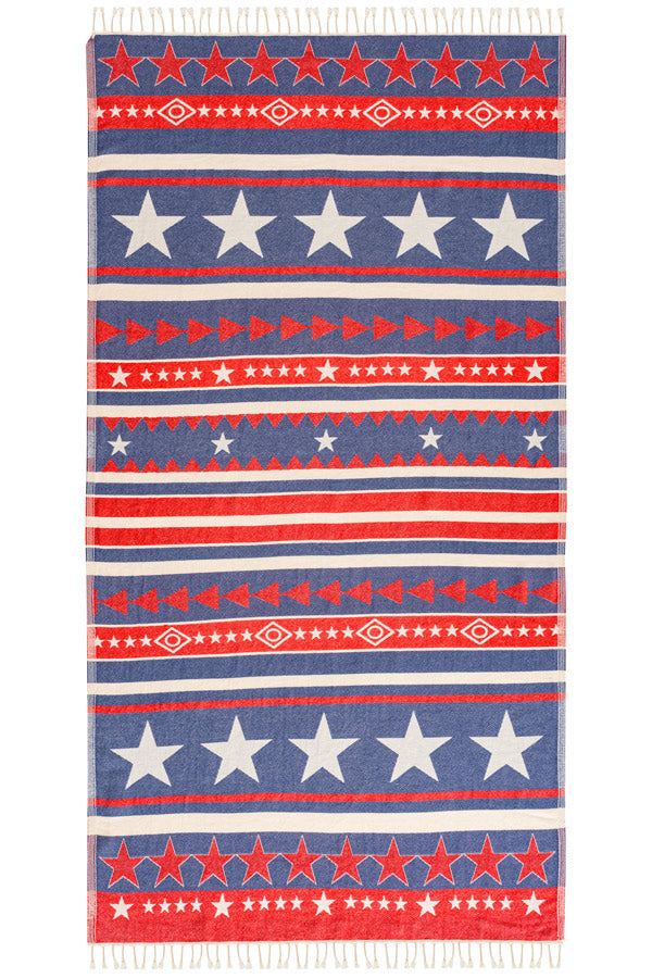 Towel with red, white, and blue pattern on a white background