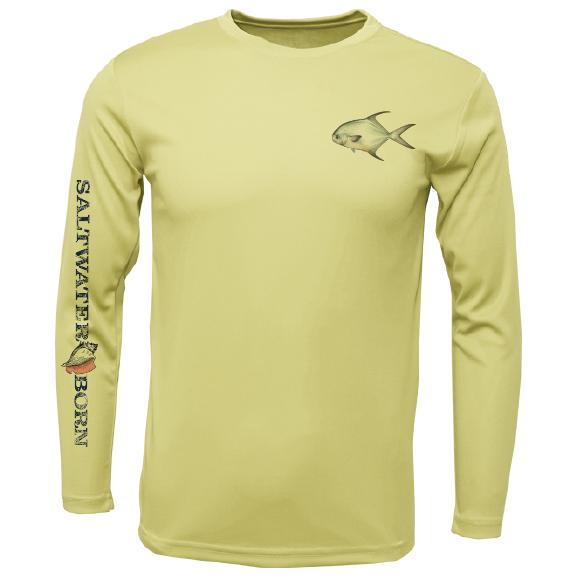 Yellow long-sleeve shirt with fish graphics and 'Saltwater Born' text on a white background