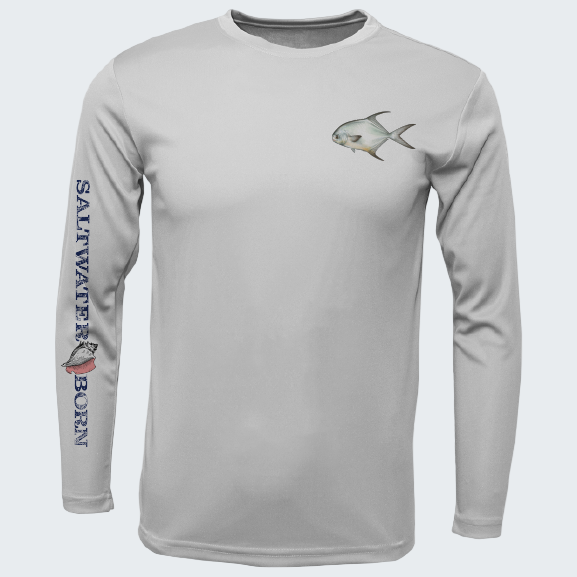 Gray long-sleeve shirt with fish design and 'Saltwater Born' text on sleeve, on a white background