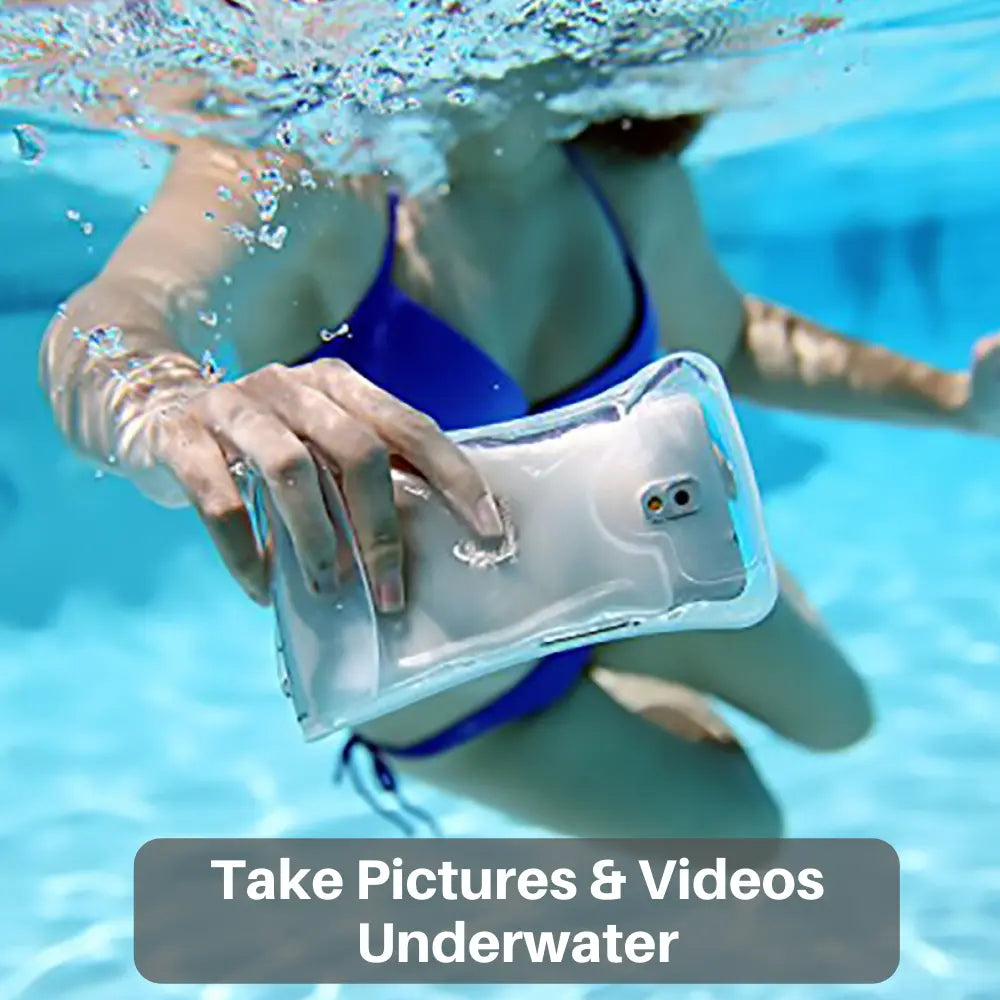 Person underwater holding a phone with an underwater case, text 'Take Pictures & Videos Underwater'.