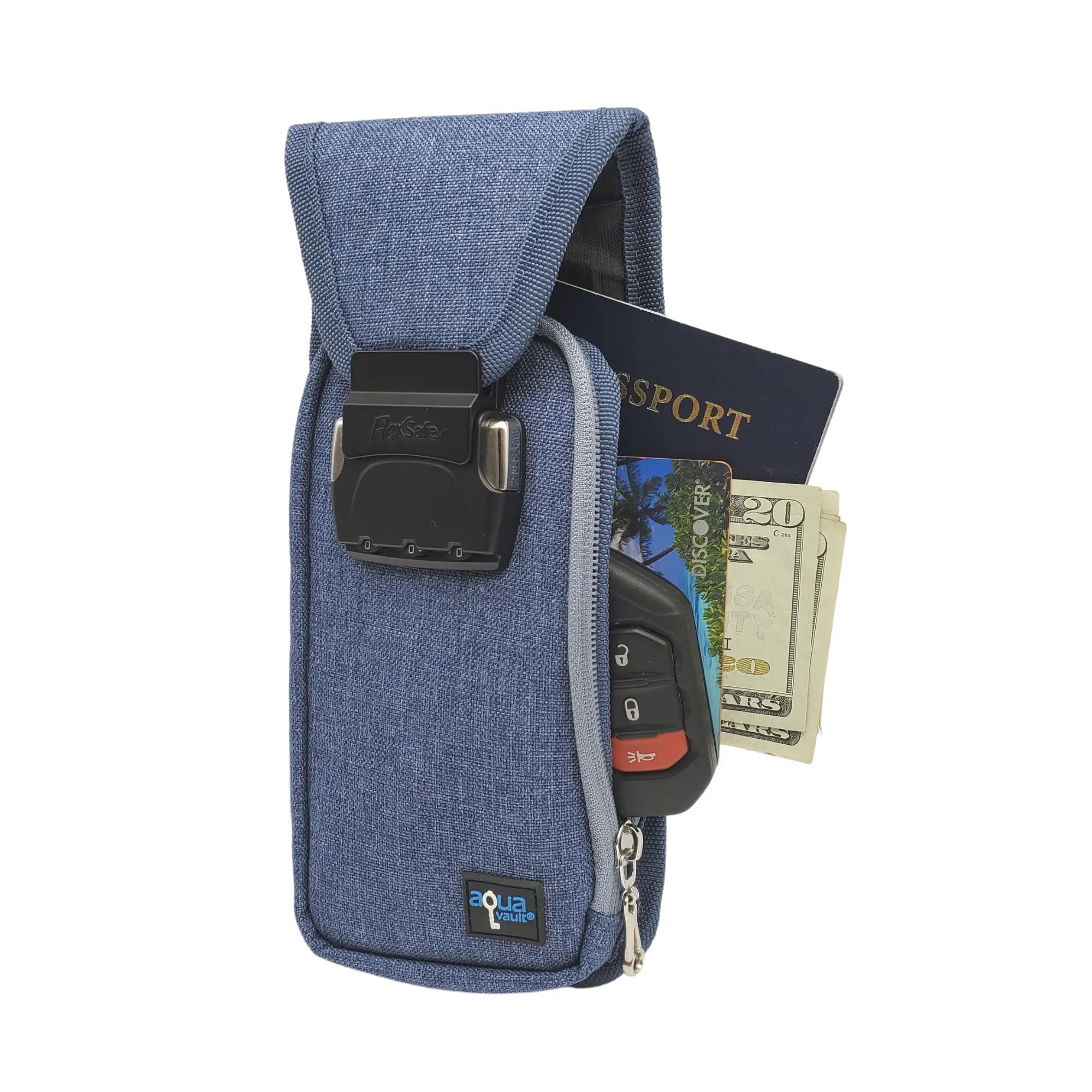 Blue multi-pocket organizer with passport, money, and car keys on a white background