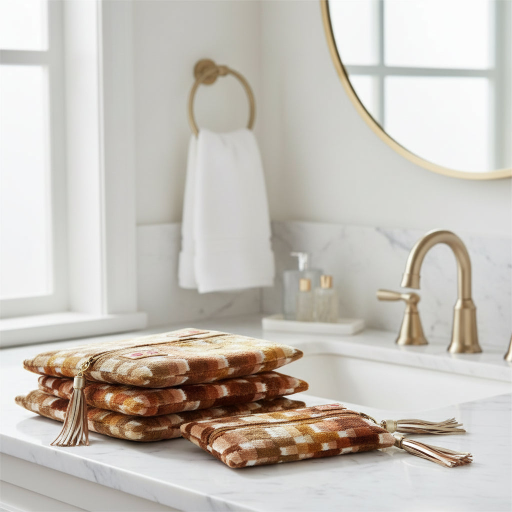 Set of plaid pouches with tassels and visible brand logo on a white background