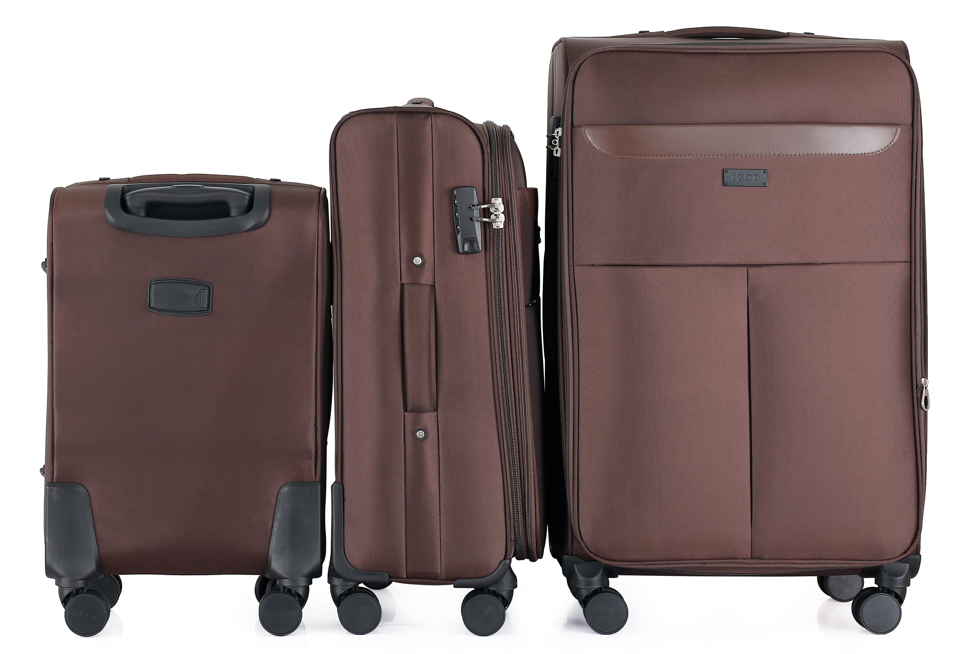Three brown suitcases of different sizes on a white background