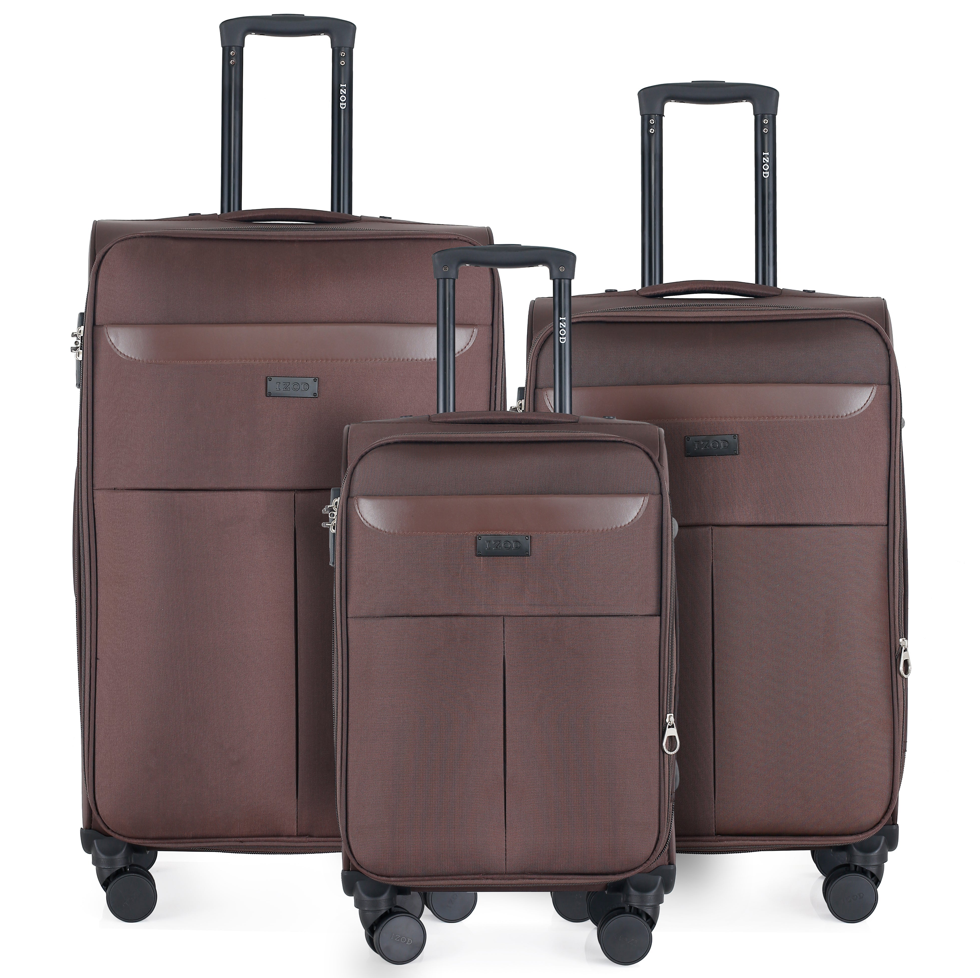 Set of three brown suitcases with wheels on a white background