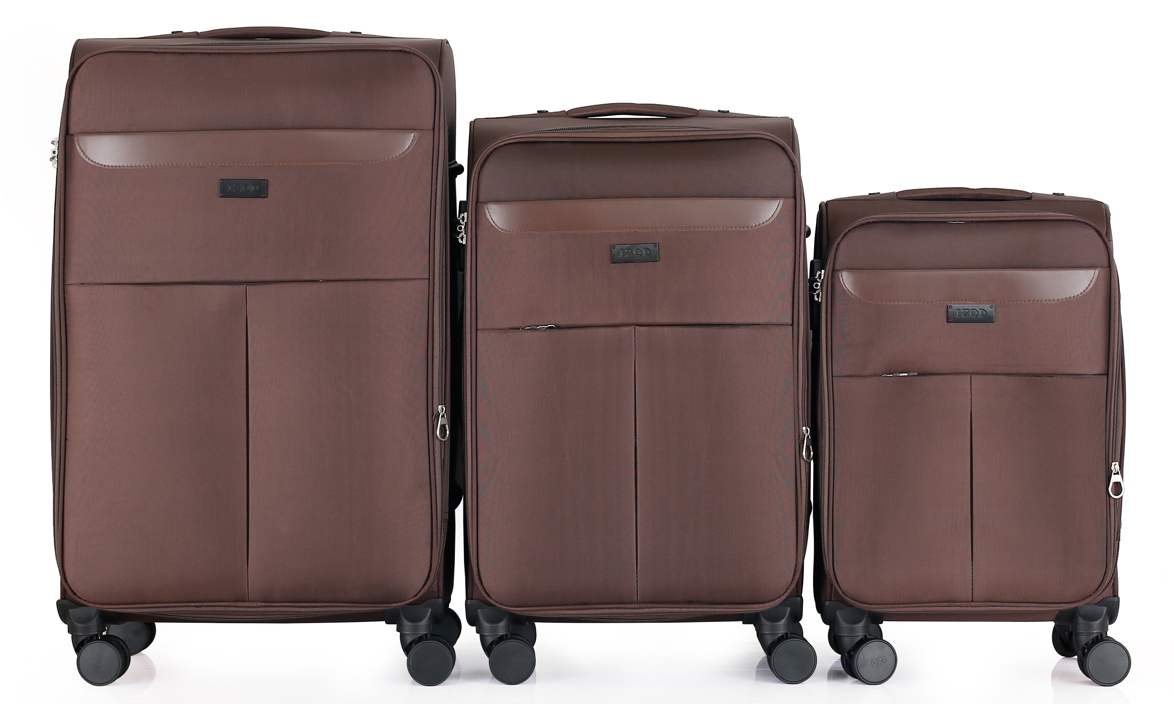 Three brown suitcases of different sizes on a white background