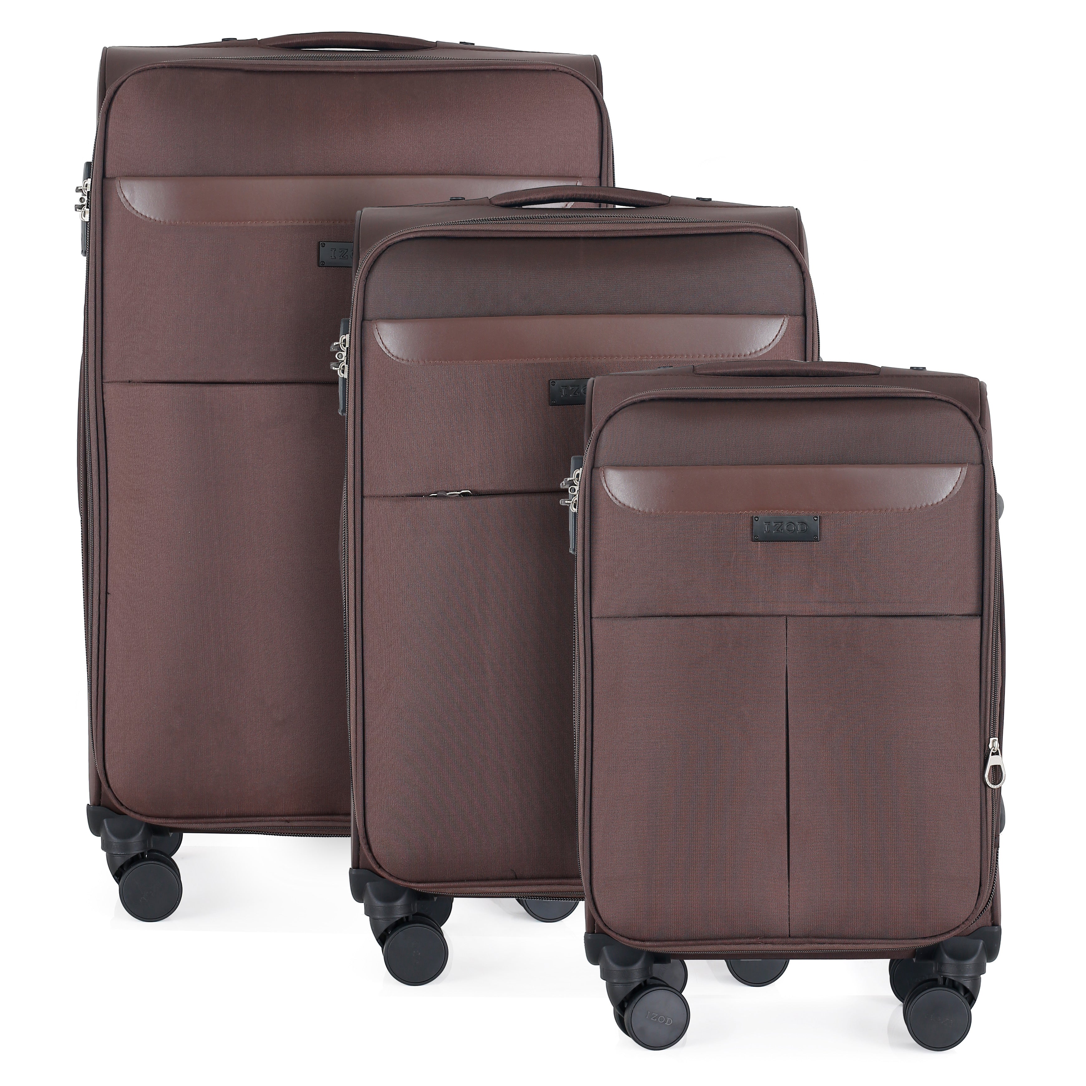 Three brown suitcases of different sizes on a white background