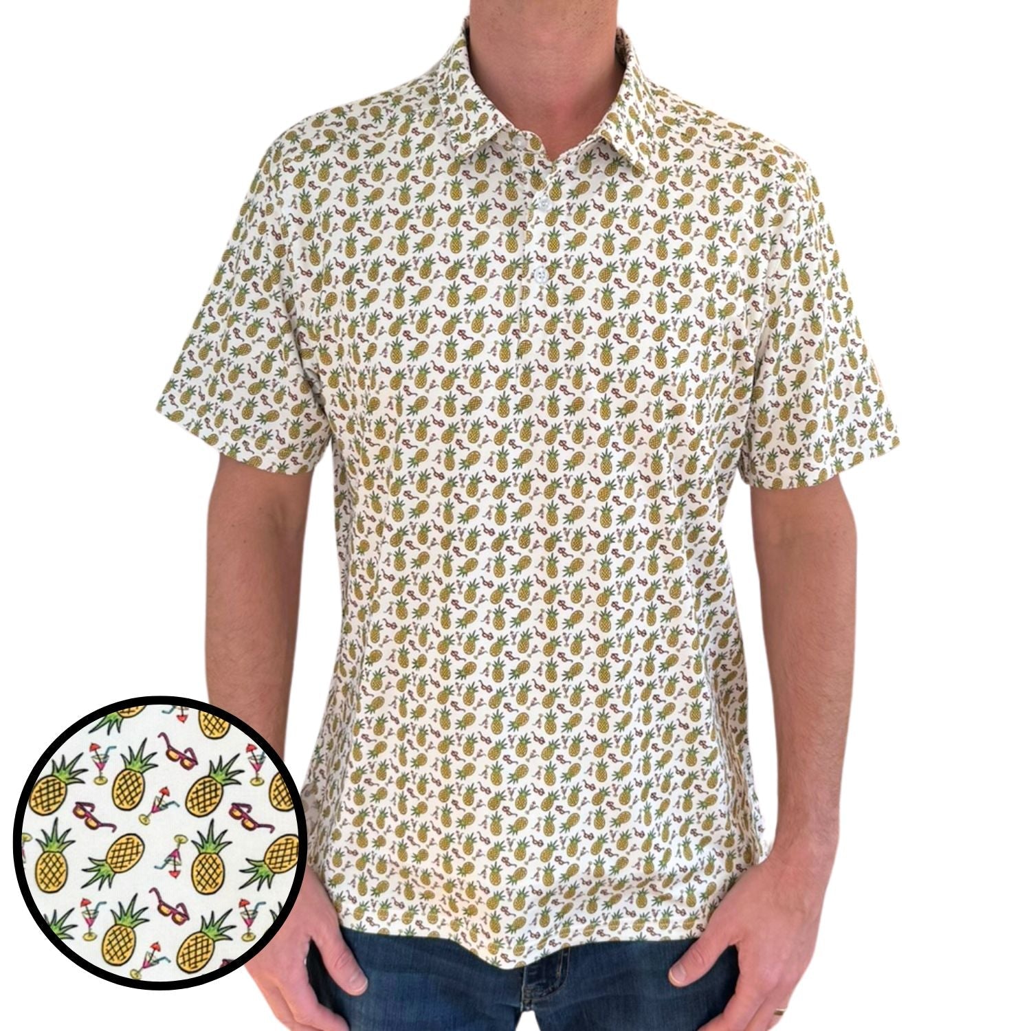 Person wearing a short-sleeve shirt with pineapple pattern, with a close-up inset of the pattern.