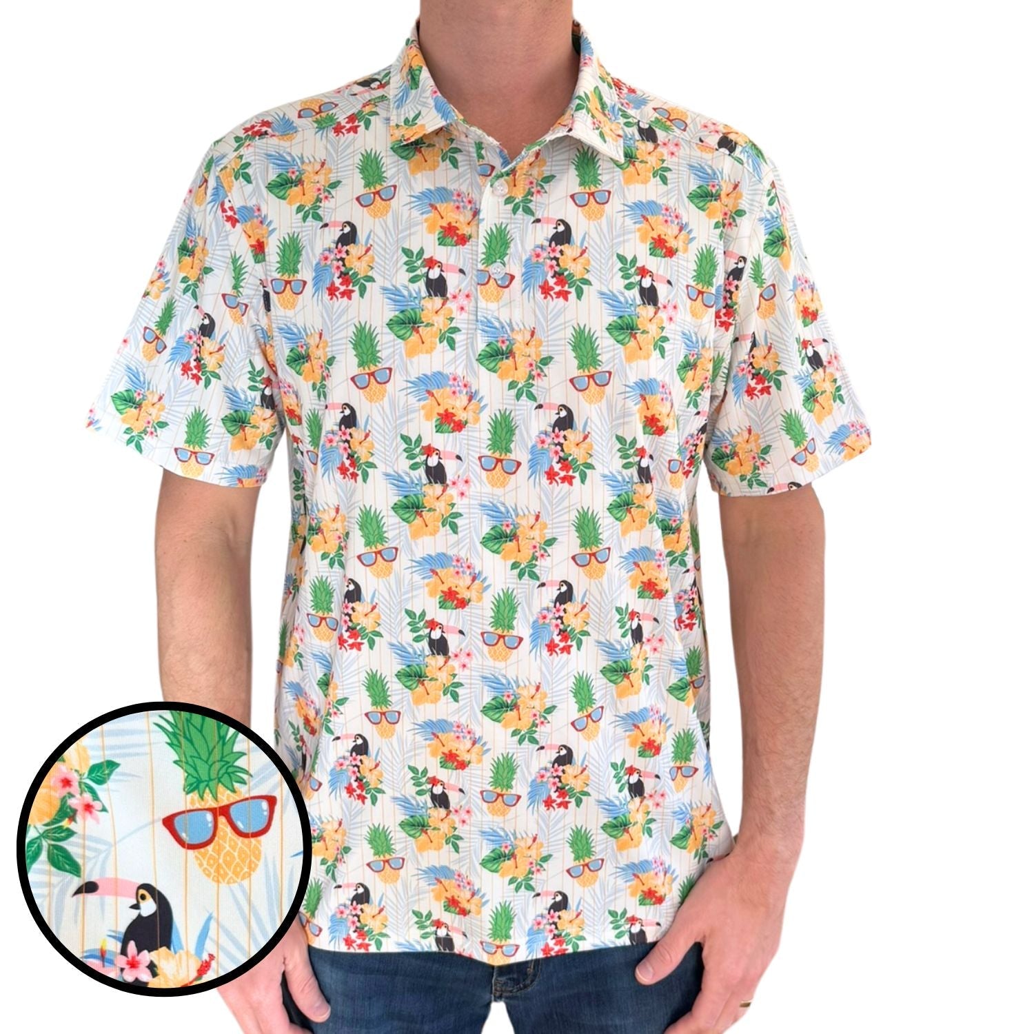 Person wearing a colorful tropical patterned shirt with a close-up inset of the design.