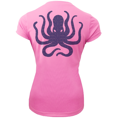 Pink t-shirt with a purple octopus design on the back against a white background