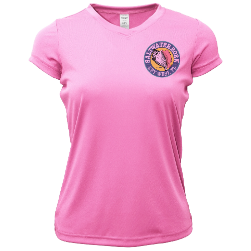 Pink t-shirt with a logo on the chest against a white background