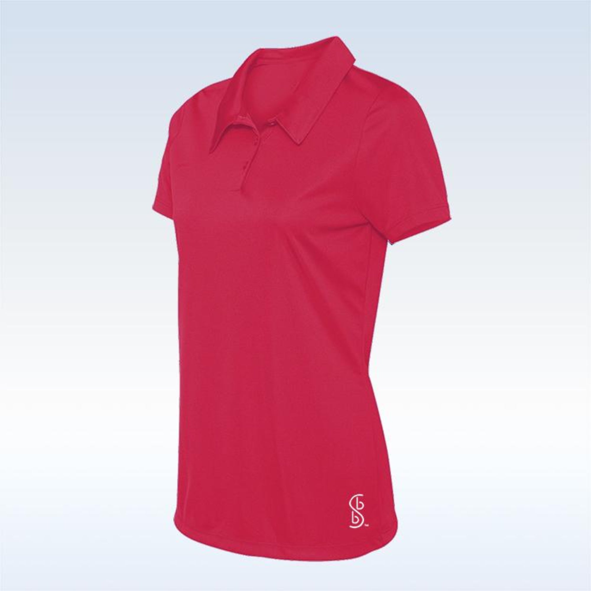 Red polo shirt with a logo on a light blue background
