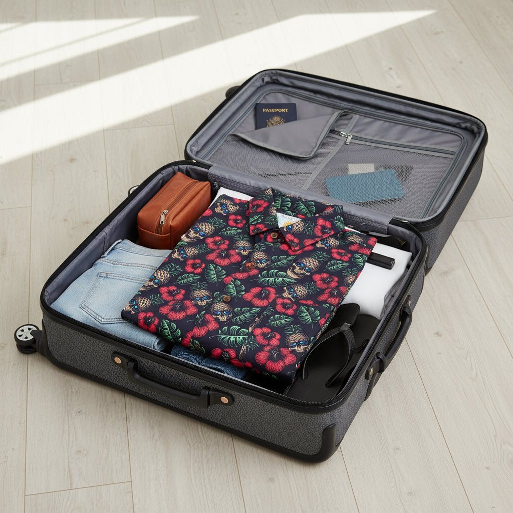 Folded shirt with skull and pineapple pattern on a white background