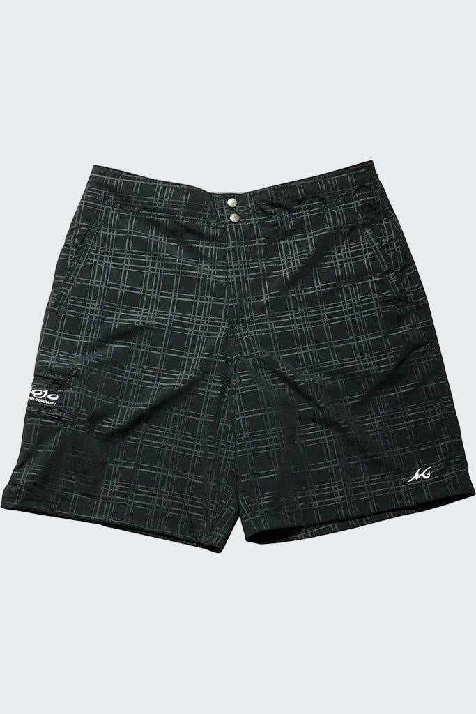 Black plaid shorts on a white background