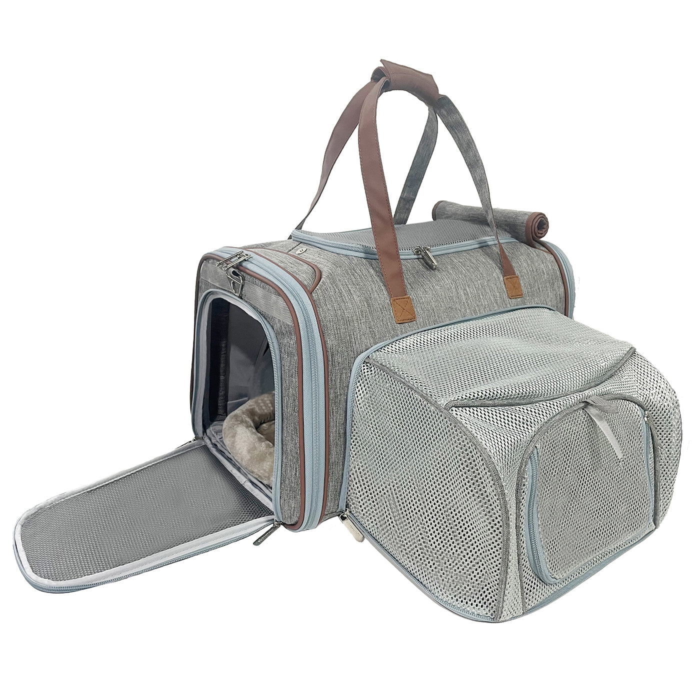 Gray pet carrier with mesh side and handle on a white background