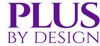 Logo of 'Plus by Design' with purple text on a white background