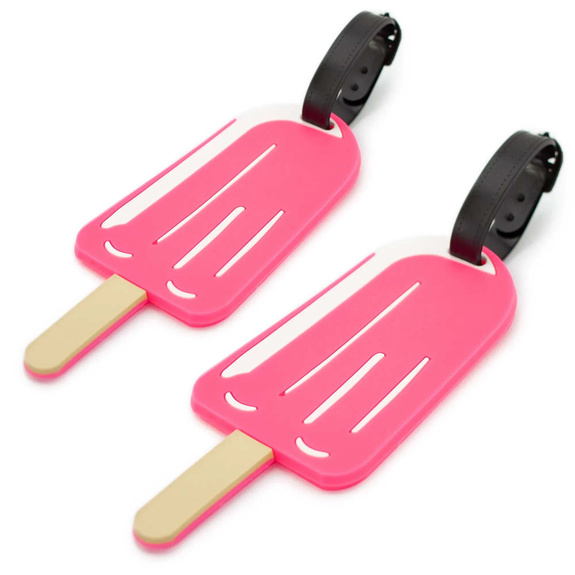 Two pink popsicle-shaped sand moulds with wooden sticks on a white background