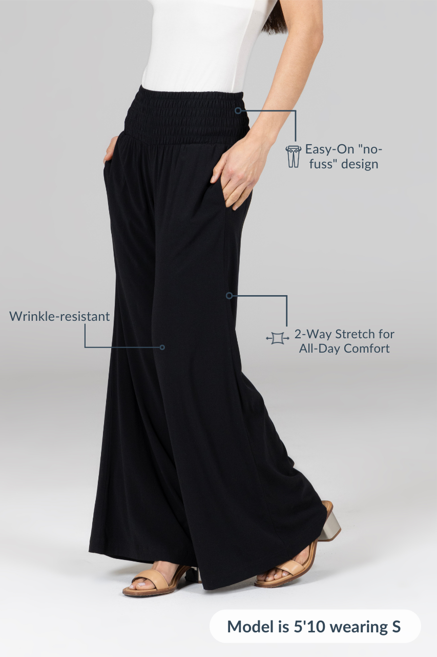 Black wide-leg pants worn by a model on a gray background with text highlighting features.