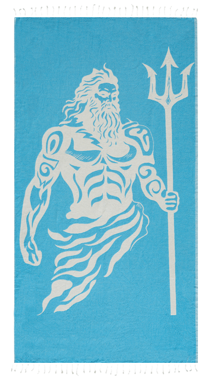 Stylized illustration of a bearded figure with a trident on a blue background