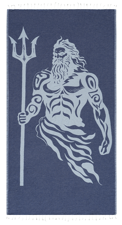 Towel with a design of a bearded figure holding a trident on a blue background