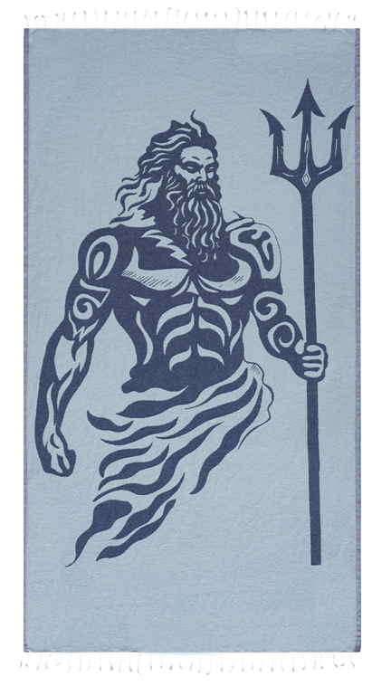 Stylized illustration of a bearded figure with a trident on a light blue background