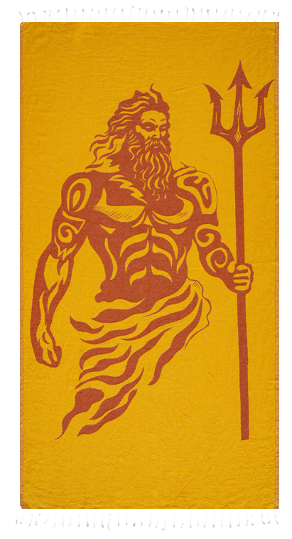 Towel with a graphic of a bearded figure holding a trident on a yellow background