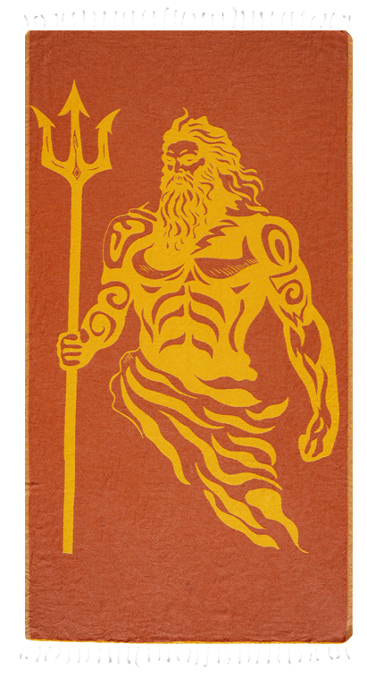 Book cover with a yellow illustration of a bearded figure holding a trident on an orange background