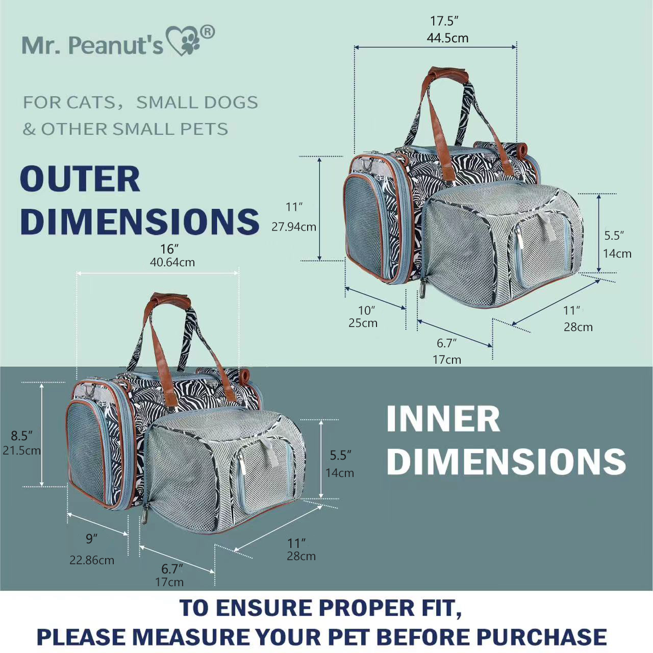 Pet carrier with dimensions labeled for cats, small dogs, and other small pets.