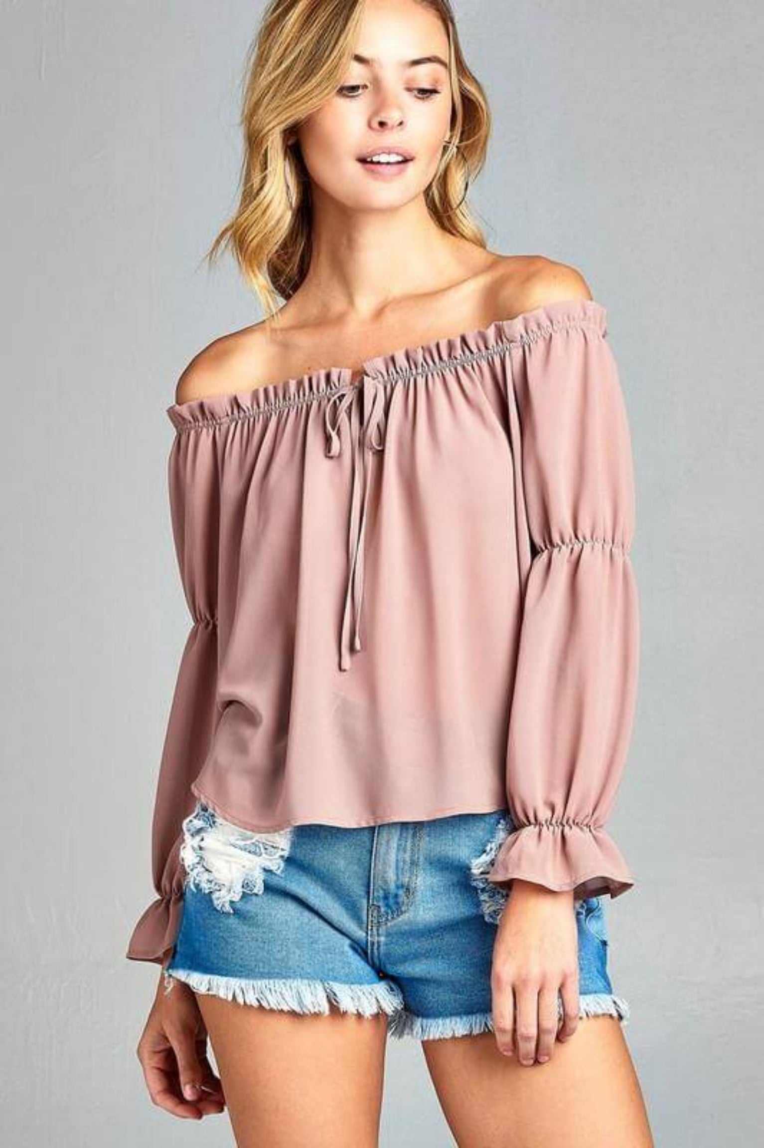 Puff Long Sleeve Ruffled Front Top