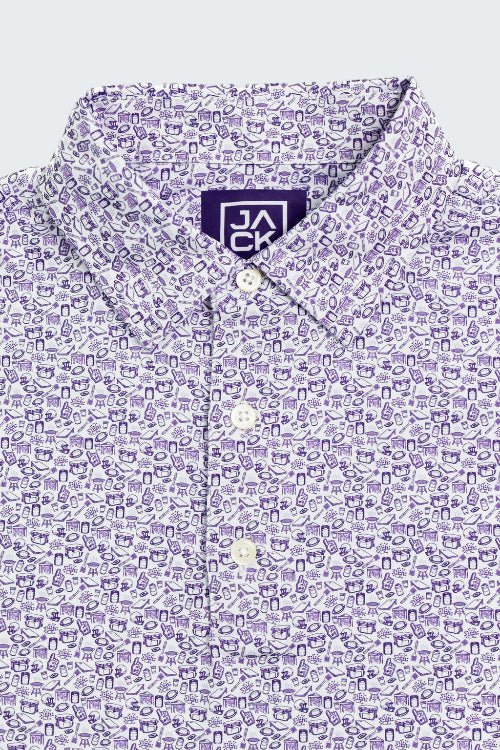 Purple patterned shirt with a visible brand logo on a white background