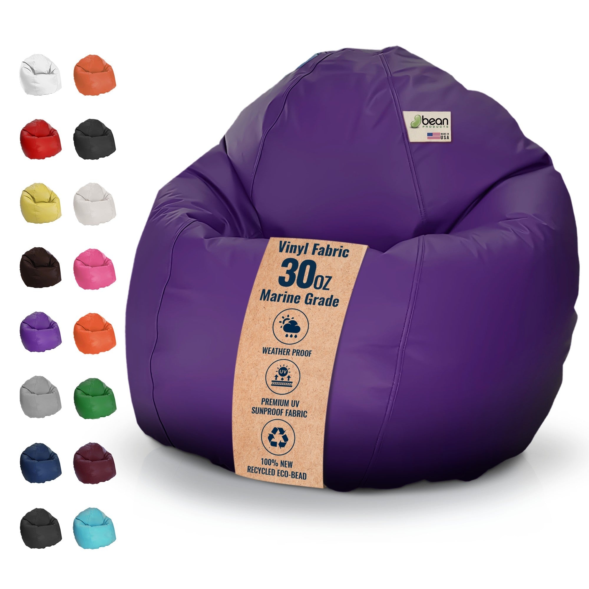 Purple bean bag chair with vinyl fabric and multiple color options displayed on a white background