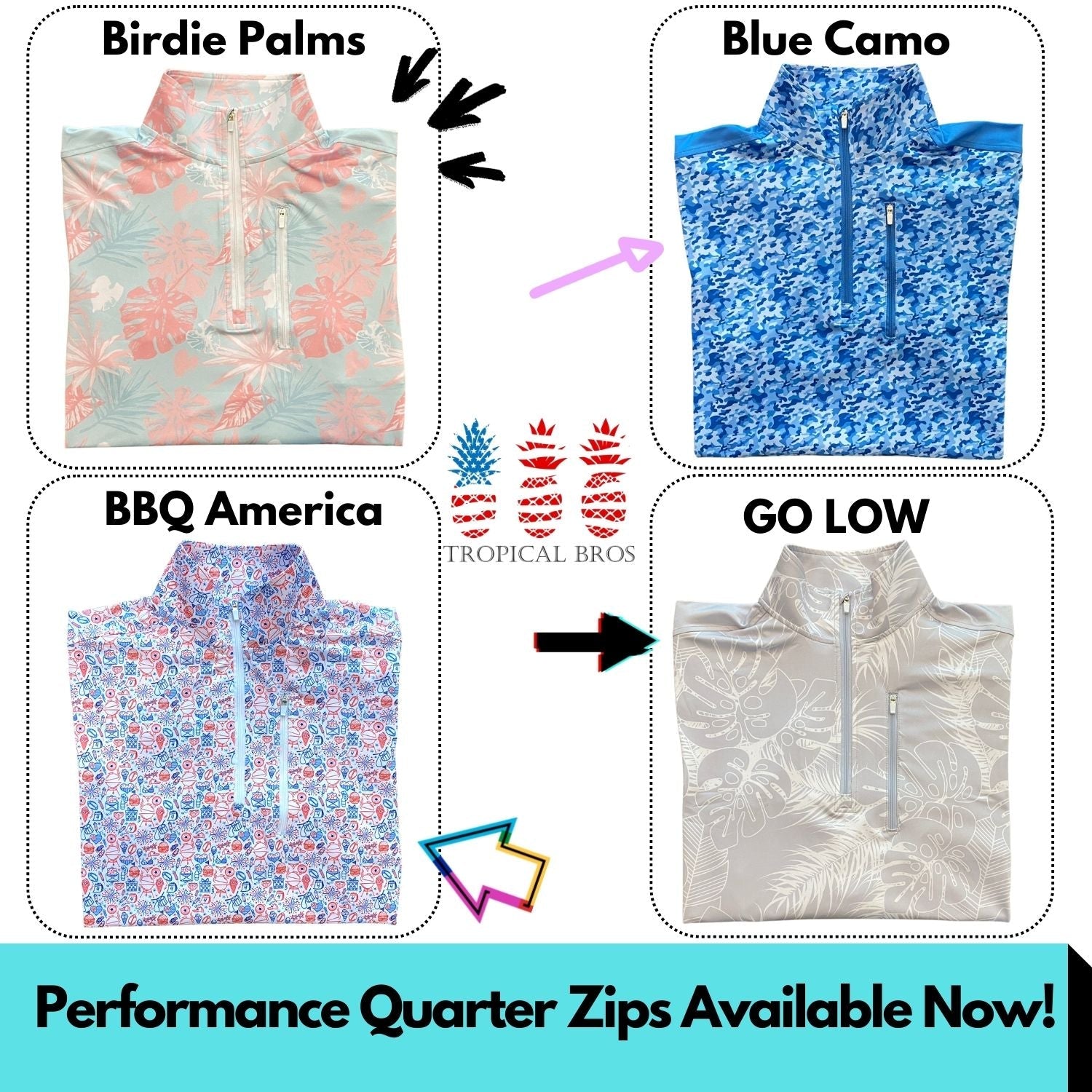 Four different designs of performance quarter zips with brand names and product information.