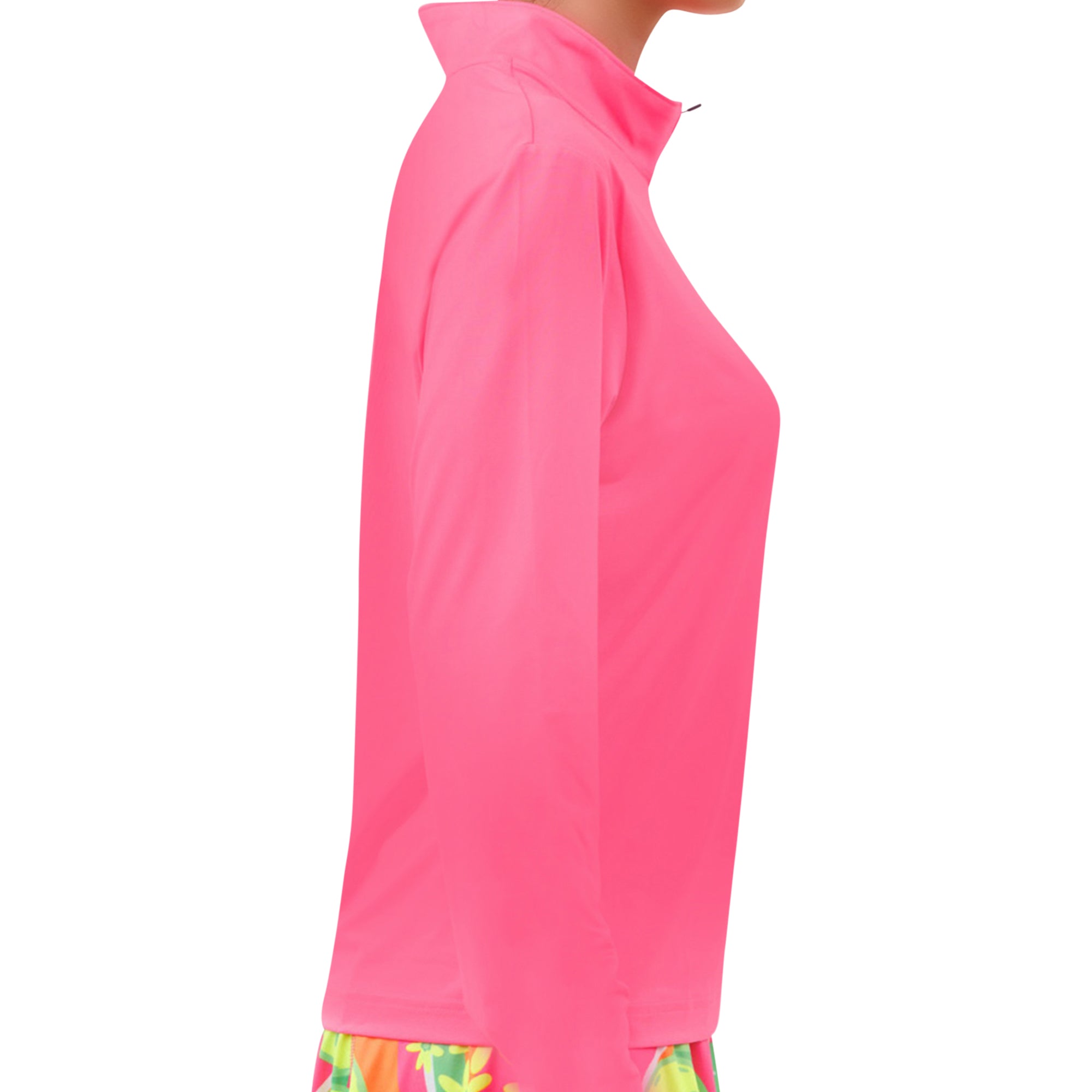 Side view of a bright pink long-sleeve top on a white background
