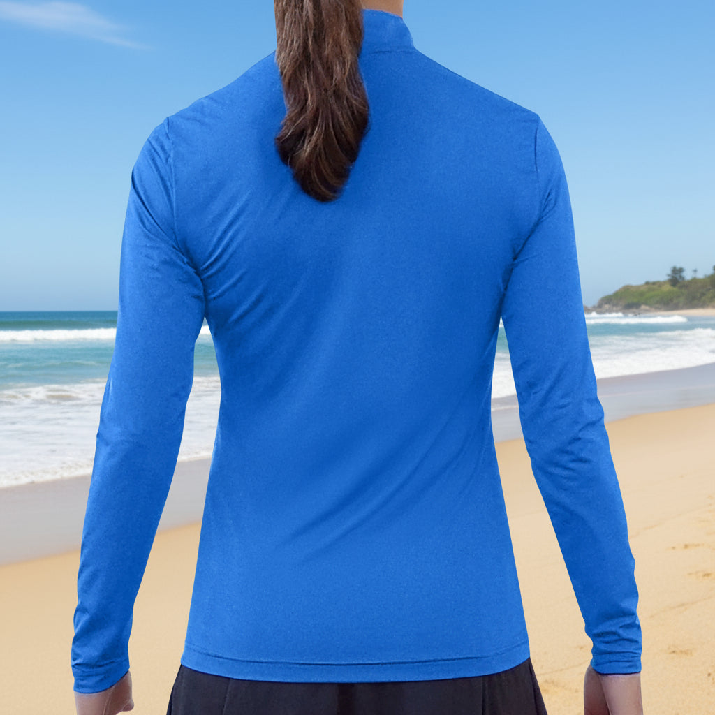 Blue long-sleeve athletic shirt worn by a person on a white background