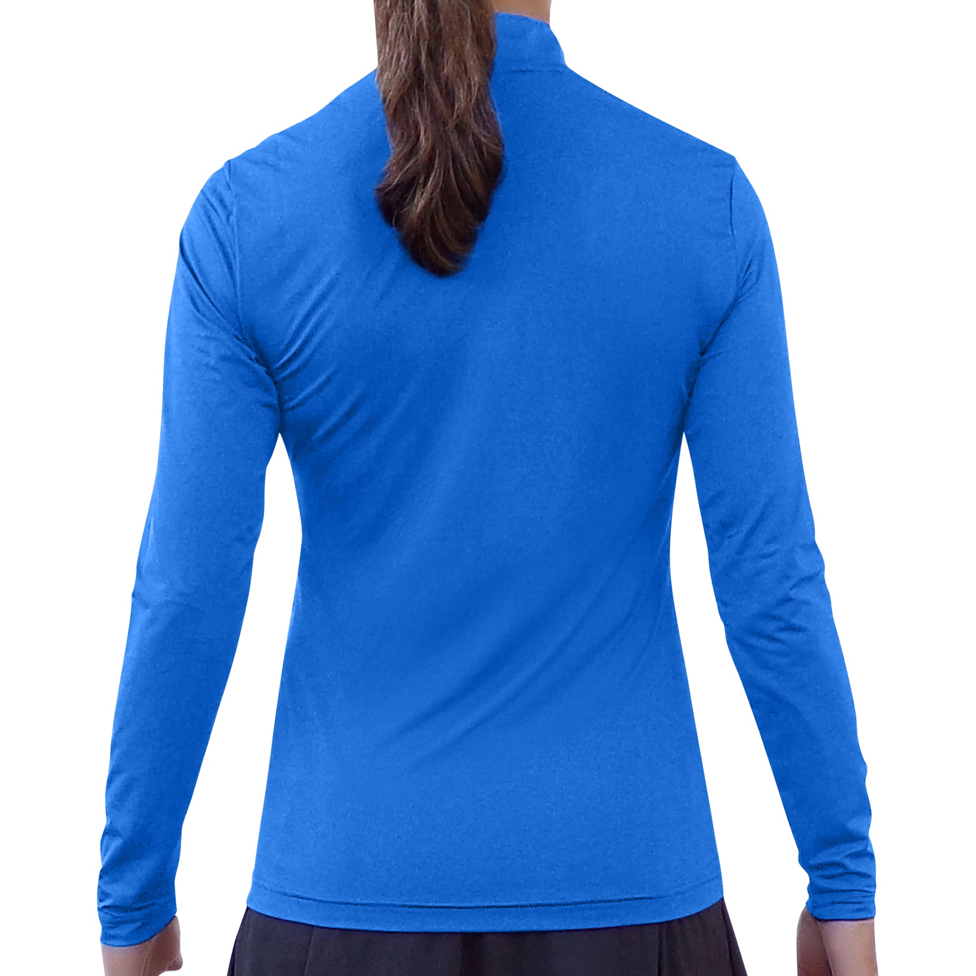 Blue long-sleeve athletic shirt worn by a person on a white background