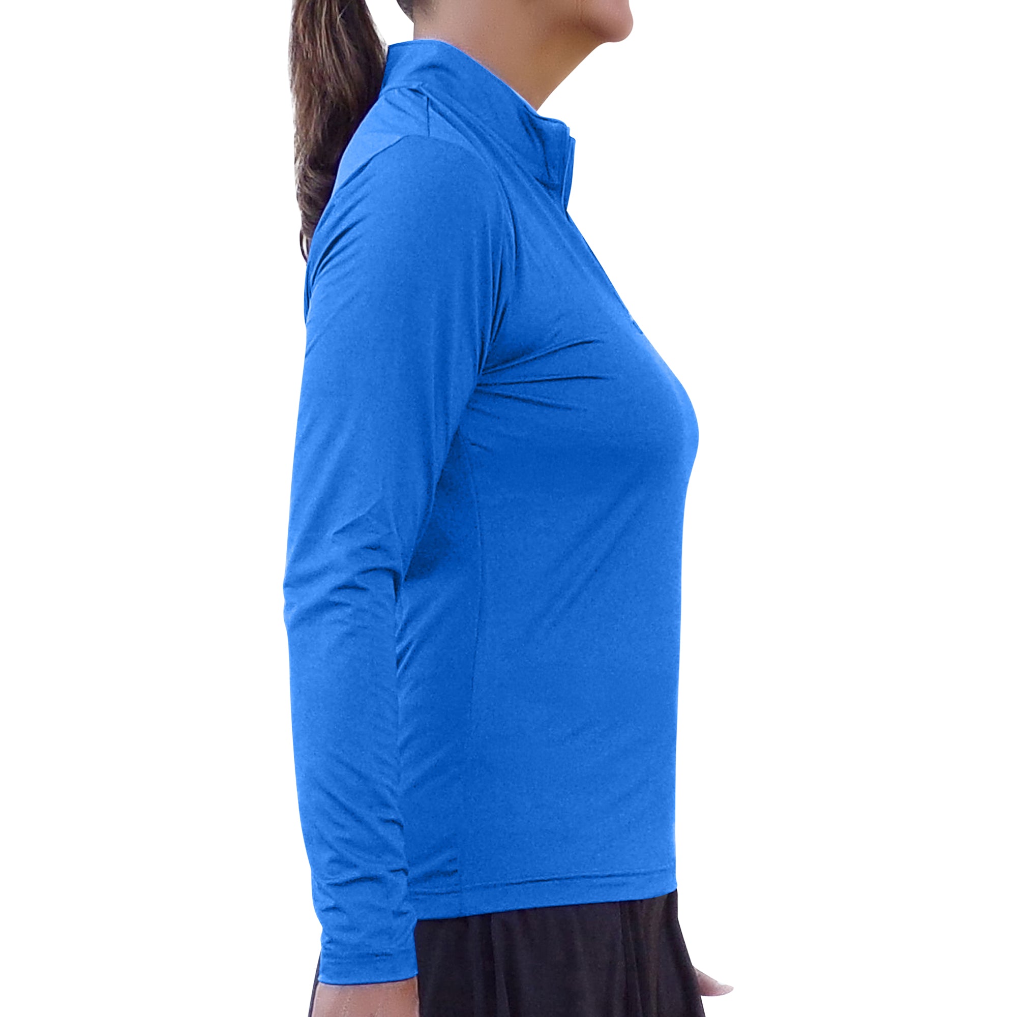 Person wearing a blue long-sleeve shirt on a white background