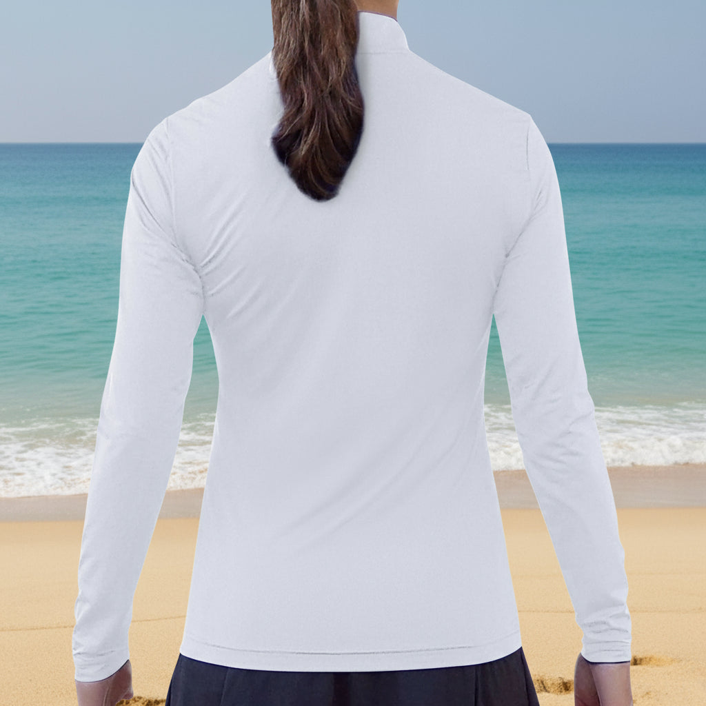 Person wearing a white long-sleeve shirt on a white background
