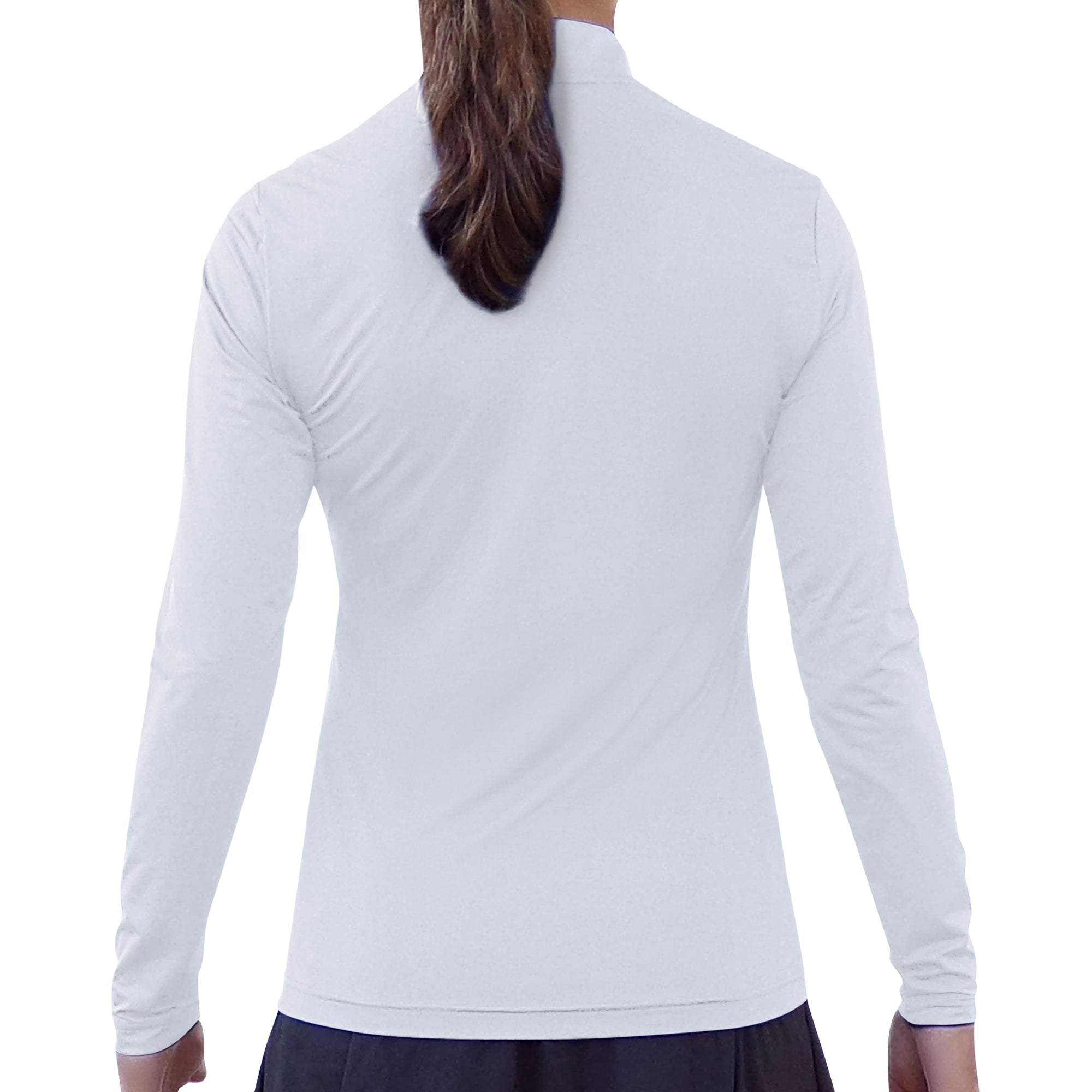 Person wearing a white long-sleeve shirt on a white background