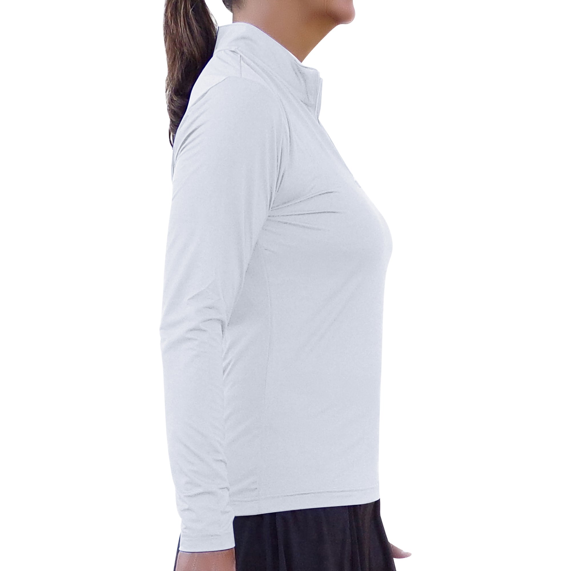 Person wearing a light gray long-sleeve shirt on a white background