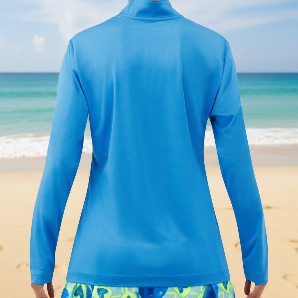 Blue long-sleeve top on a white background